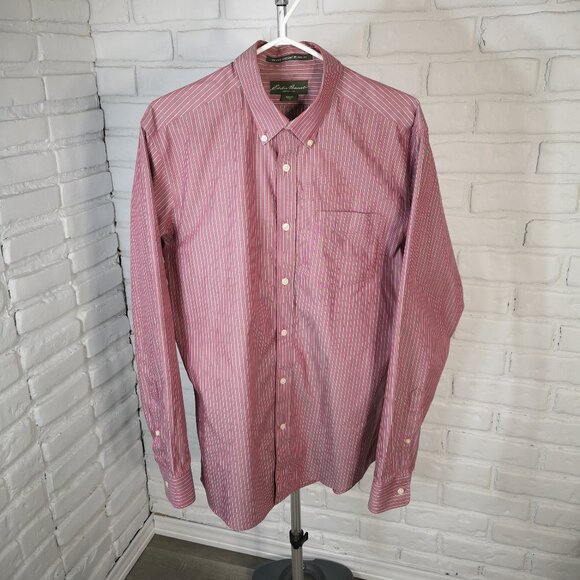 Eddie Bauer Men's Size Medium Relaxed Fit Wrinkle Resistant Rose Striped Shirt - Picture 1 of 12